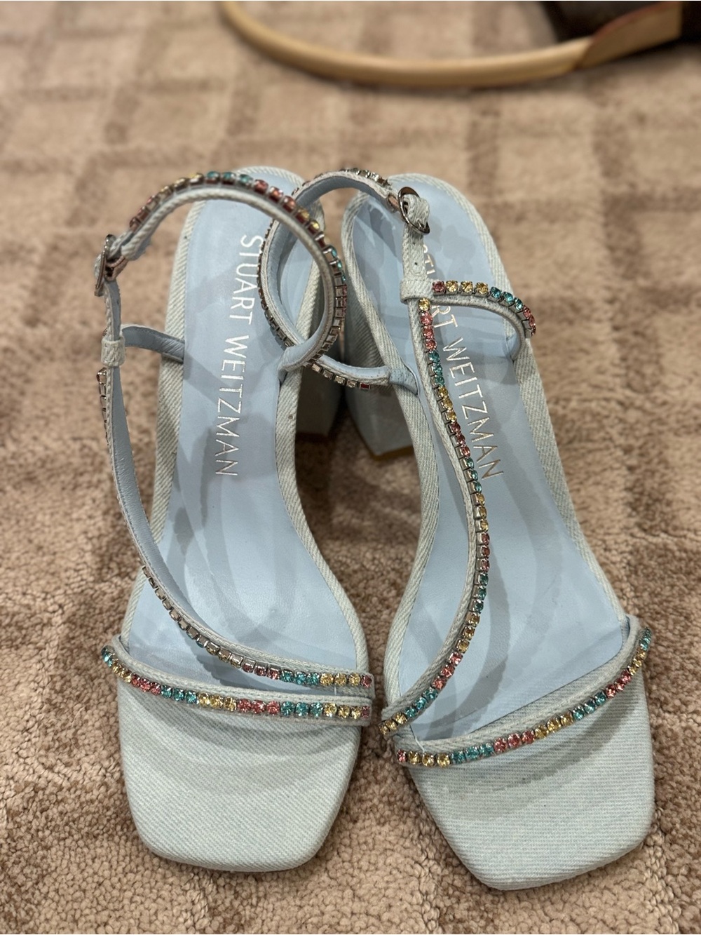 Gorgeous Stuart Weitzman Pale Blue Crystal-Strap Block Heels